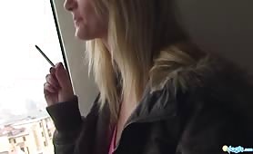 Busty Vanessa shows her body during her cigarette pause